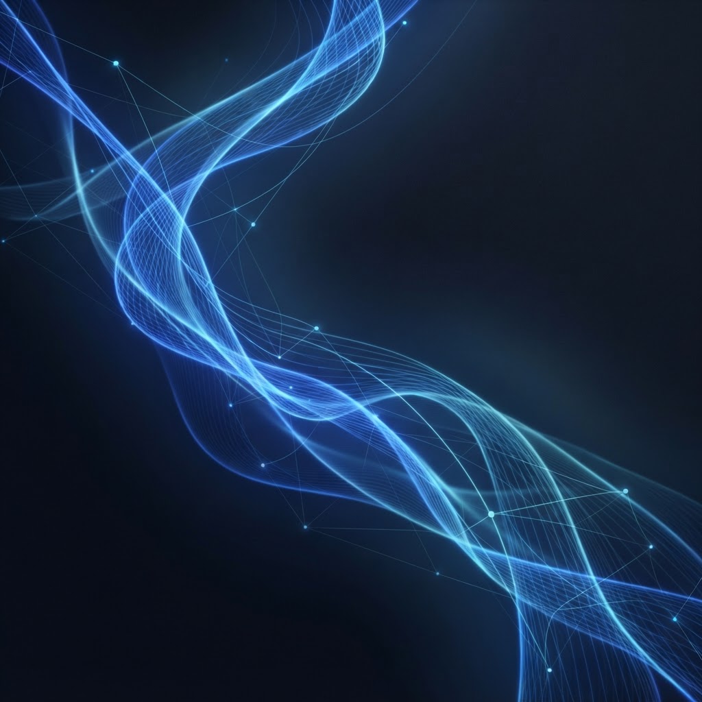 Abstract dark tech background with flowing blue gradient light and network nodes